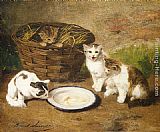 Alfred Brunel de Neuville Kittens by a Bowl of Milk painting